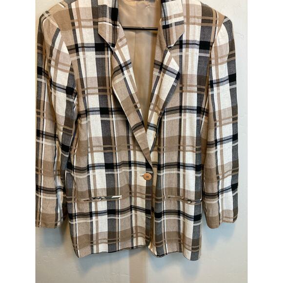 Vintage 90's Oversized Fall Plaid Brown & Black Long Blazer Jacket Size Large - Picture 6 of 9